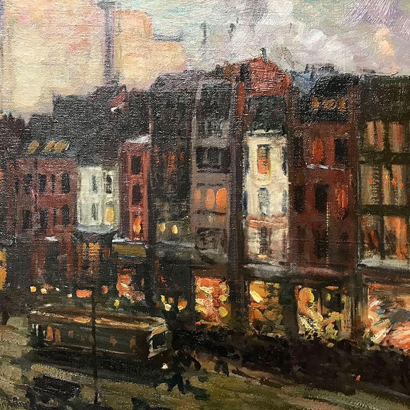 Oil painting of city buildings in Boston