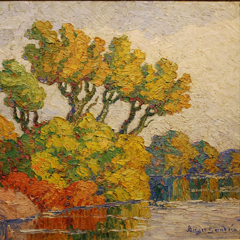 Painting of trees and their reflections on a river