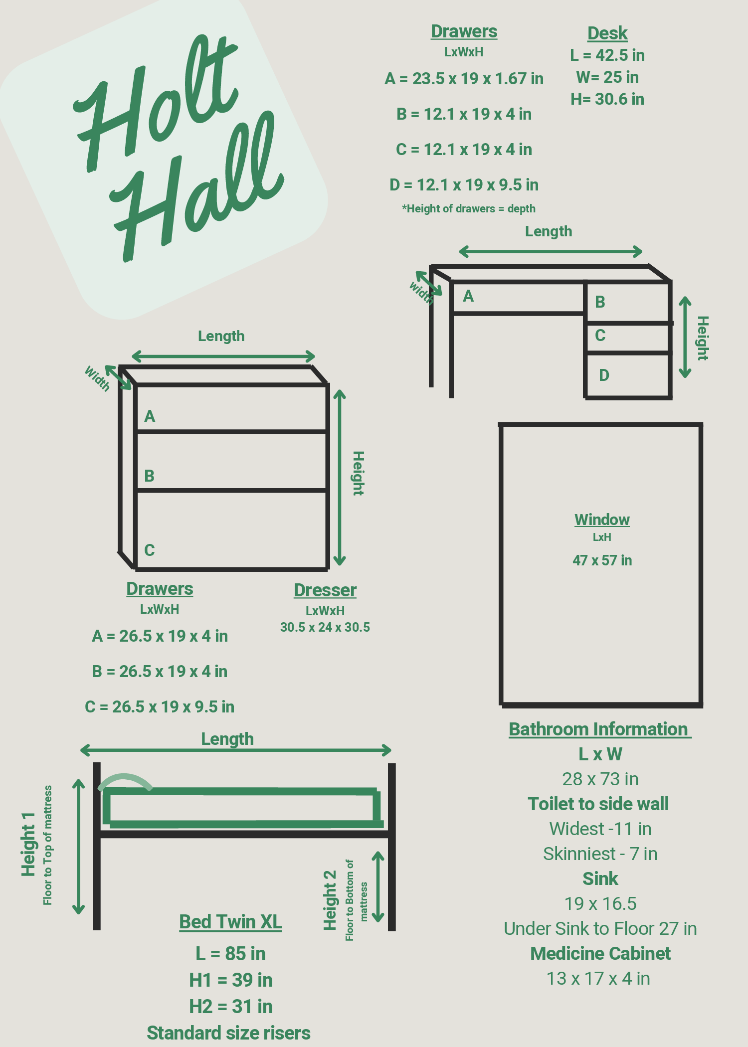Holt Hall furniture dimensions